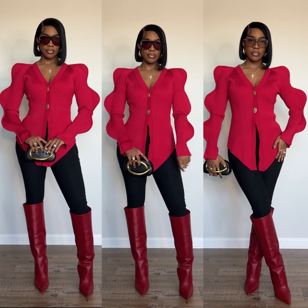 Red Ribbed Puff-Sleeve Button Cardigan - Picture 1 of 6
